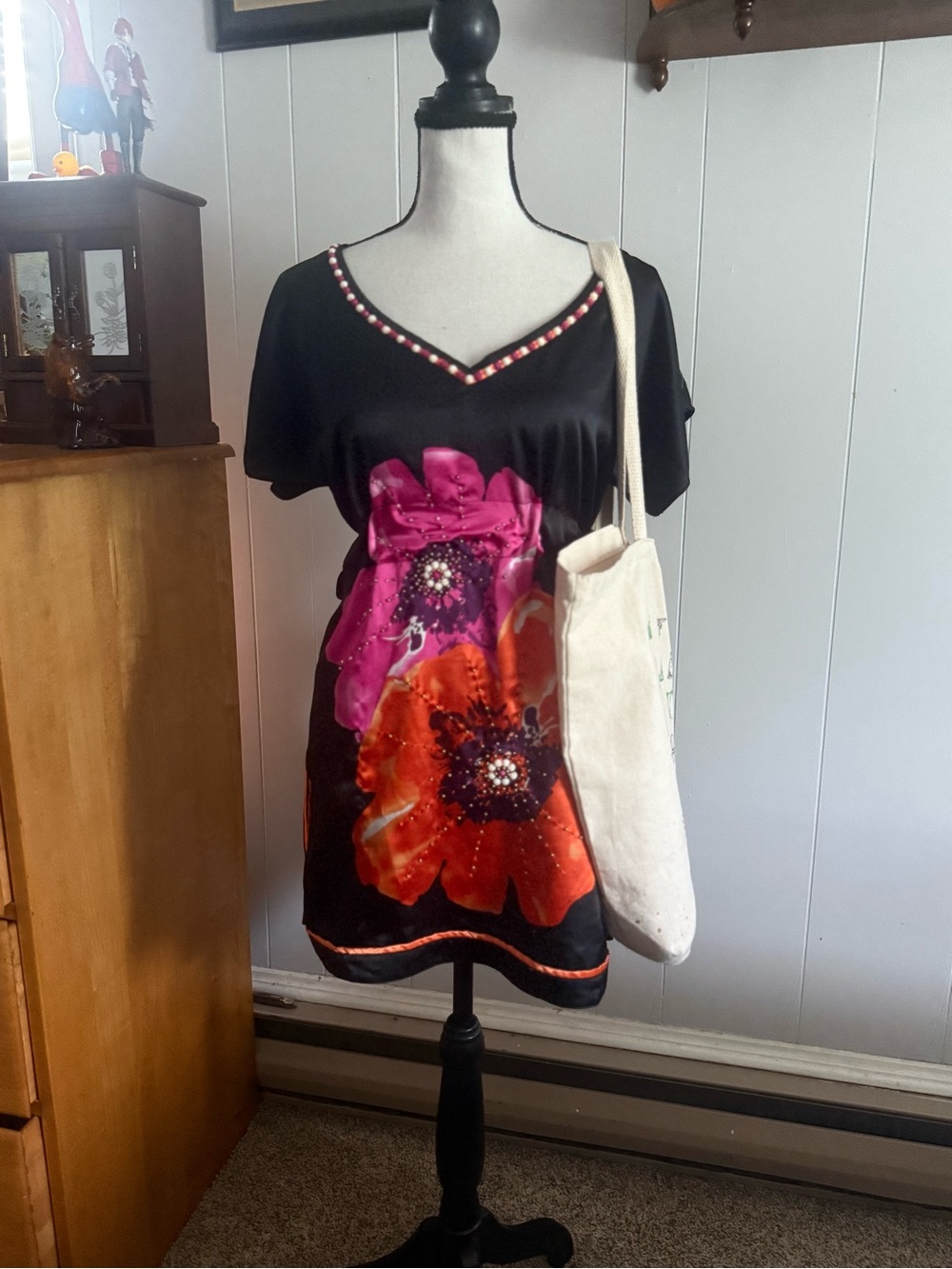 Black Floral V-Neck Tunic with Pink & Orange Blooms